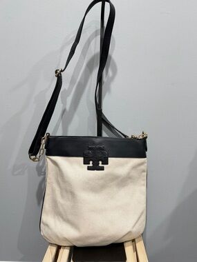 Tory Burch Navy & Canvas Leather Crossbody Bag Double T Logo Classic Chic